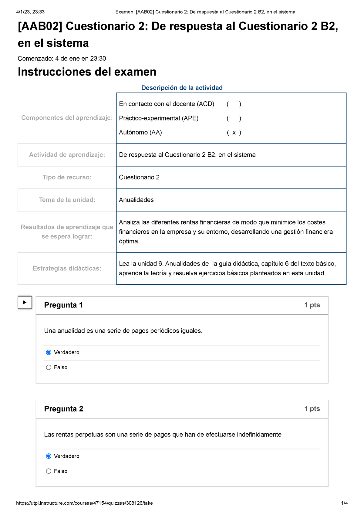 Examen [AAB02] Cuestionario 2 De Respuesta Al Cuestionario 2 B2, En El ...