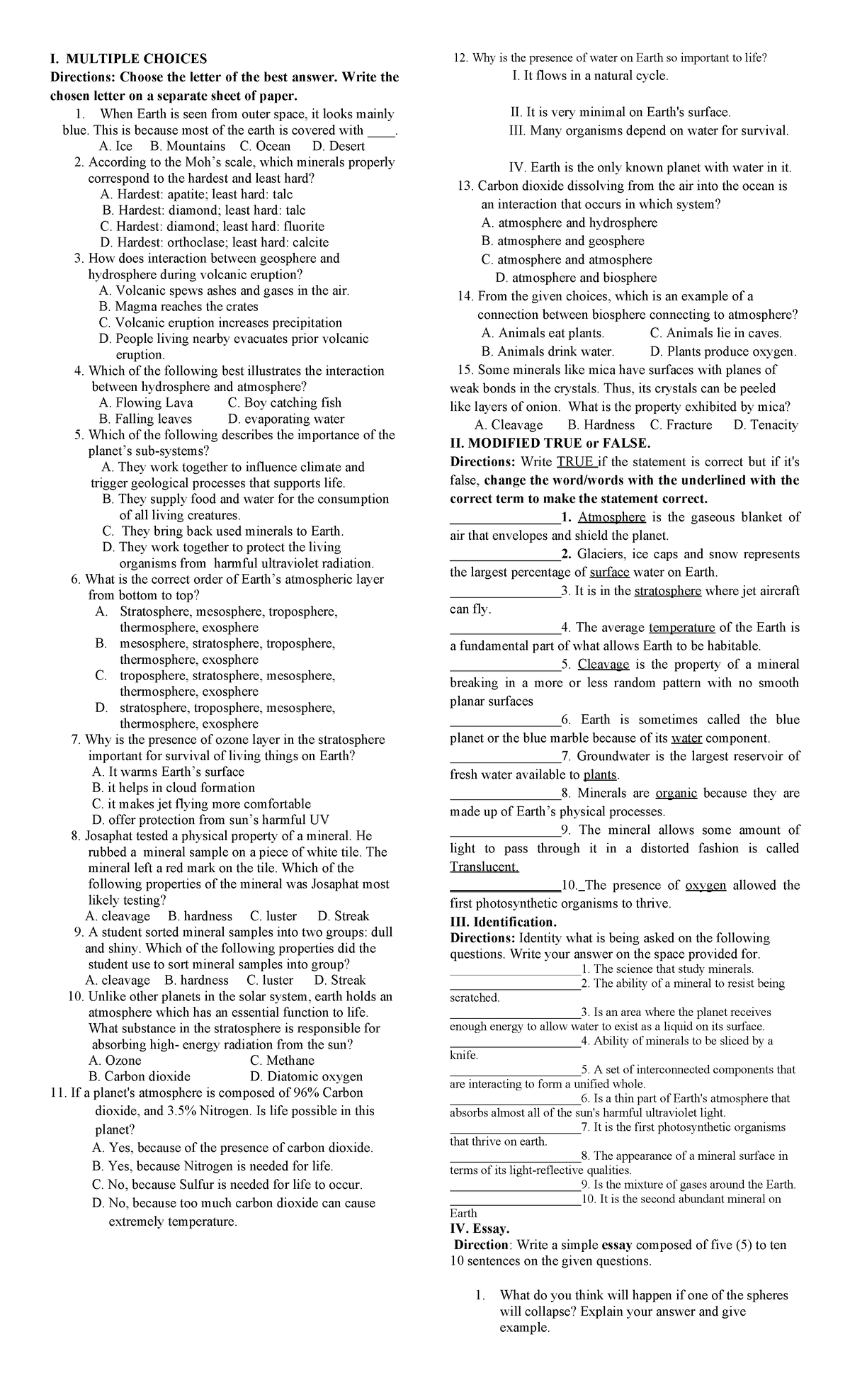 Quiz 1-jade - quiz - I. MULTIPLE CHOICES Directions: Choose the letter ...