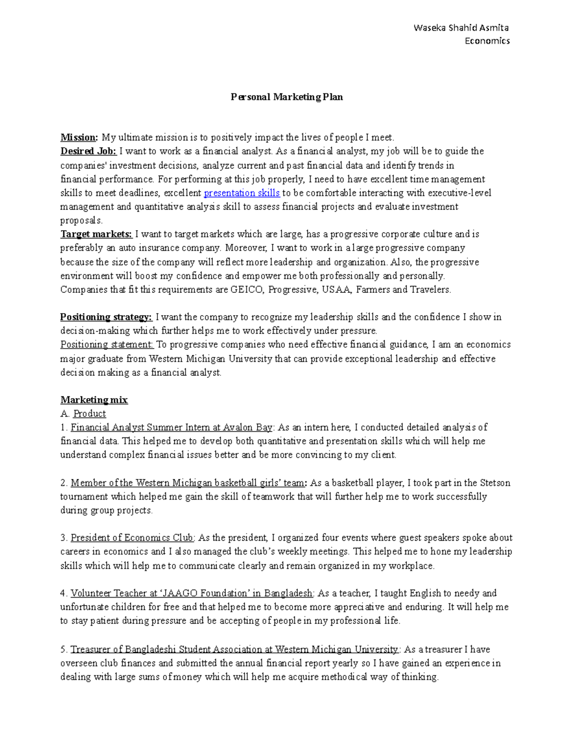 Personal Marketing Plan Waseka Shahid Asmita Economics Personal Marketing Plan StuDocu