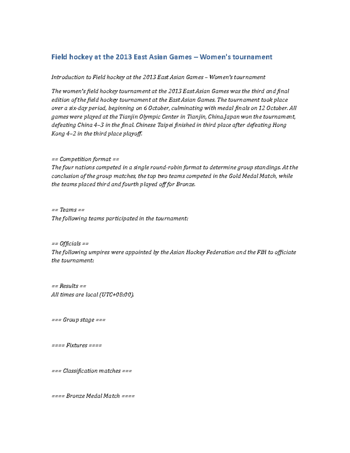 POLS157 Essay Field hockey at the 2013 East Asian Games Women's