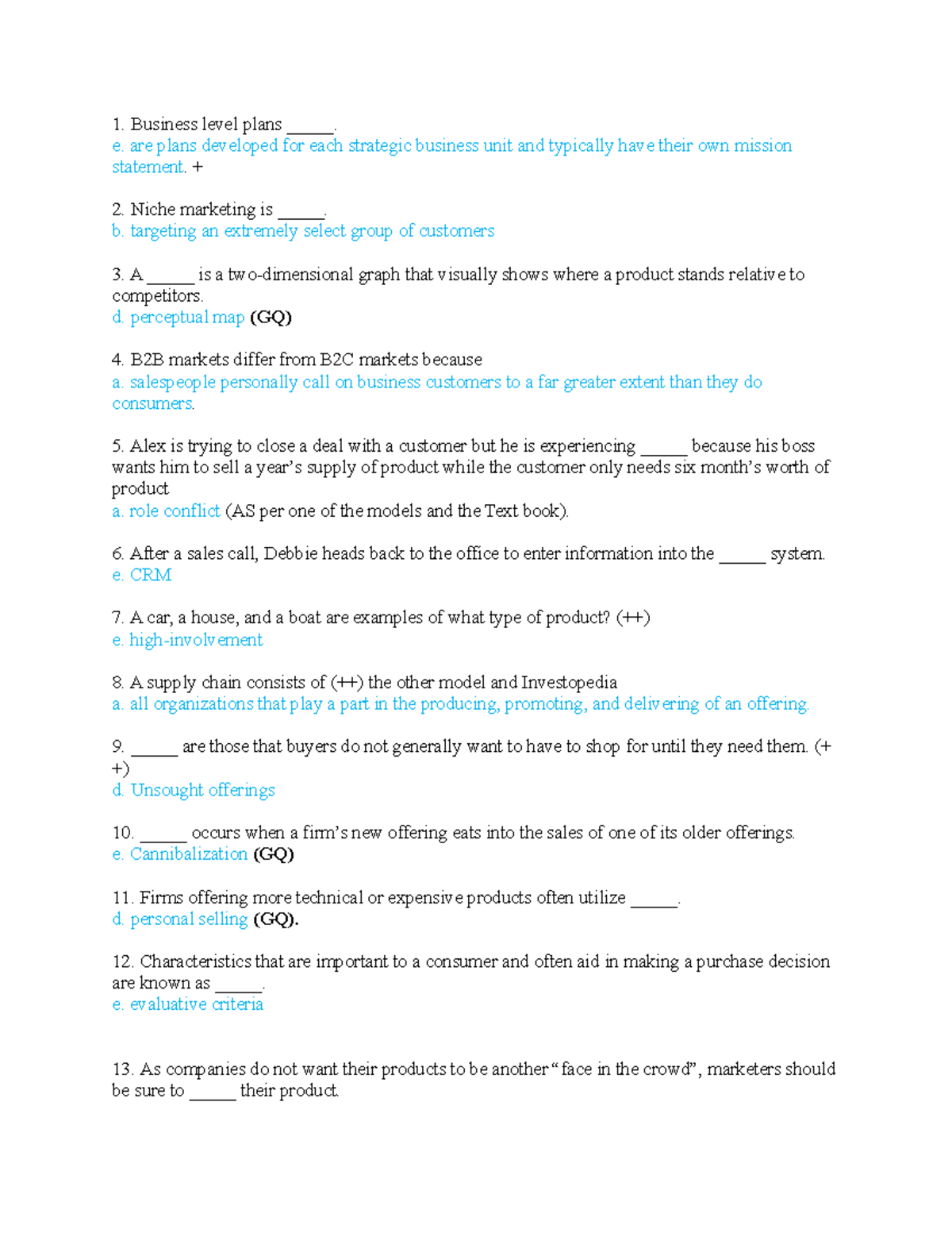 Marketing Final Exam - 2022 - T1 (100%) - Business level plans _____. e ...