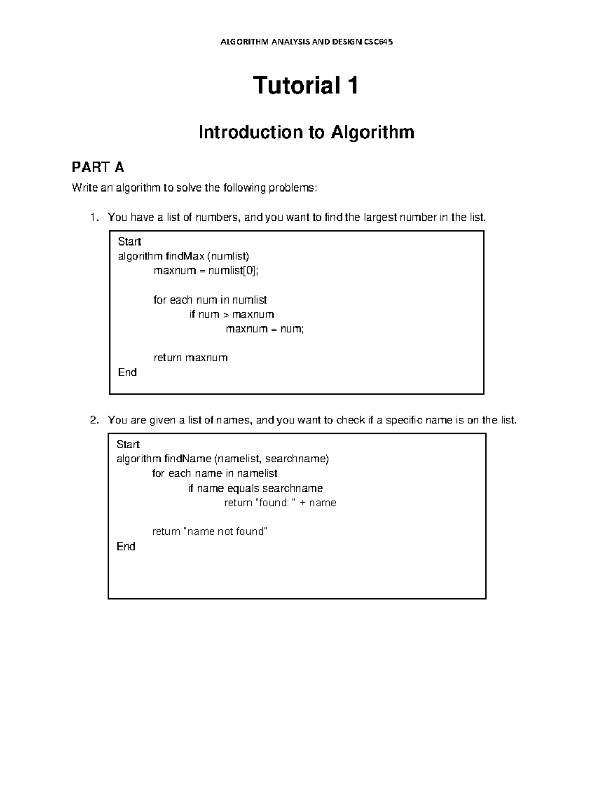 Tutorial 1 - ALGORITHM ANALYSIS AND DESIGN CSC Tutorial 1 Introduction ...