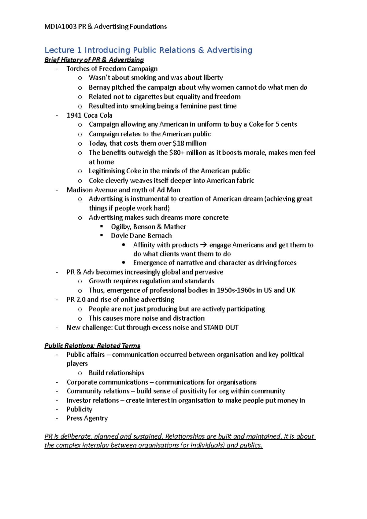 Lecture 1 Introducing Public Relations - MDIA1003 PR & Advertising ...