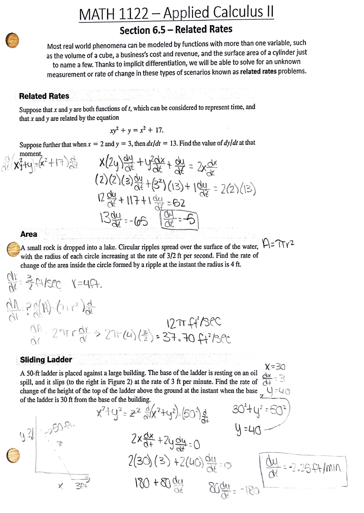 Section 6.5 - Related Rates - MATH 1122 -Applied Calculus II Section 6 ...