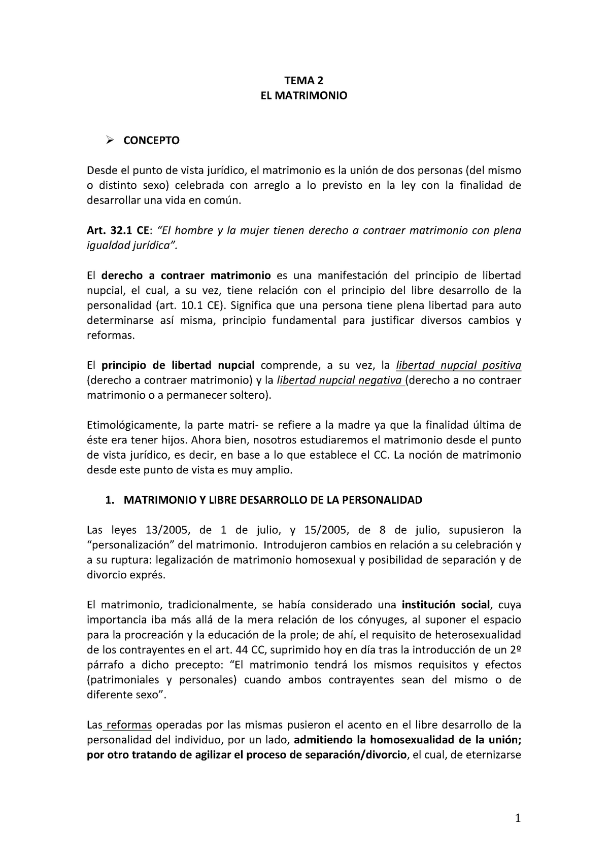 TEMA 2 Civil - Apuntes 2 - TEMA 2 EL MATRIMONIO Ø CONCEPTO Desde El ...