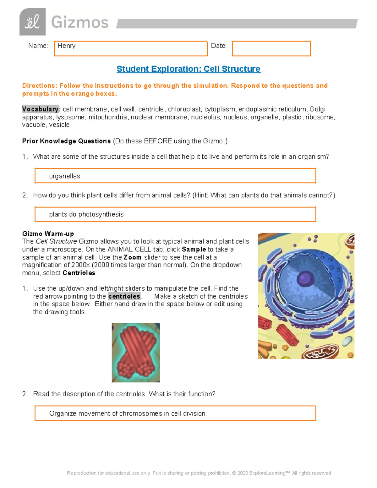 Henry Hedaya - Intro to Cell Structure Gizmo - Name: Henry Date ...