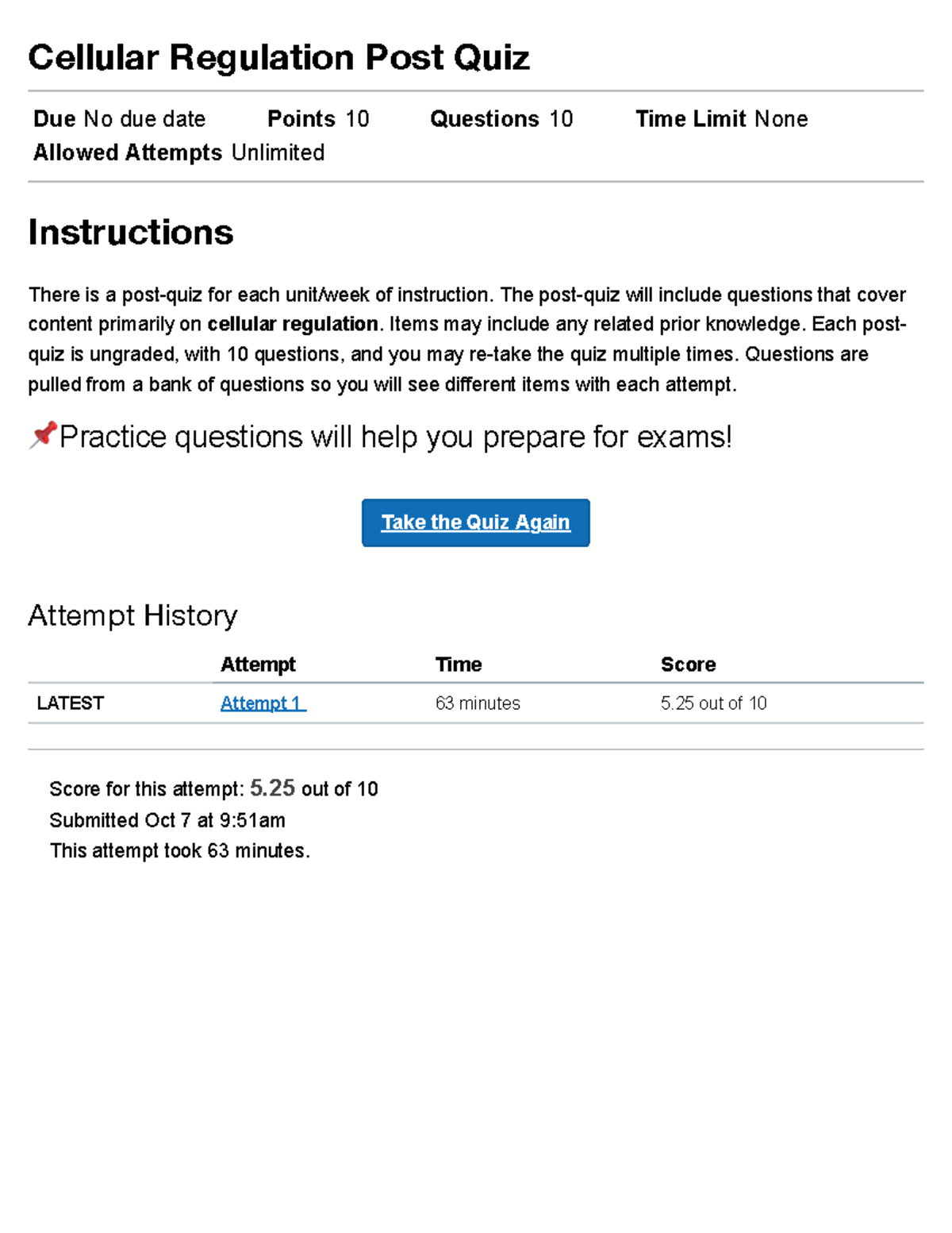 POST QUIZ 1 FOR Patho Bbbb Cellular Regulation Post Quiz Due No due