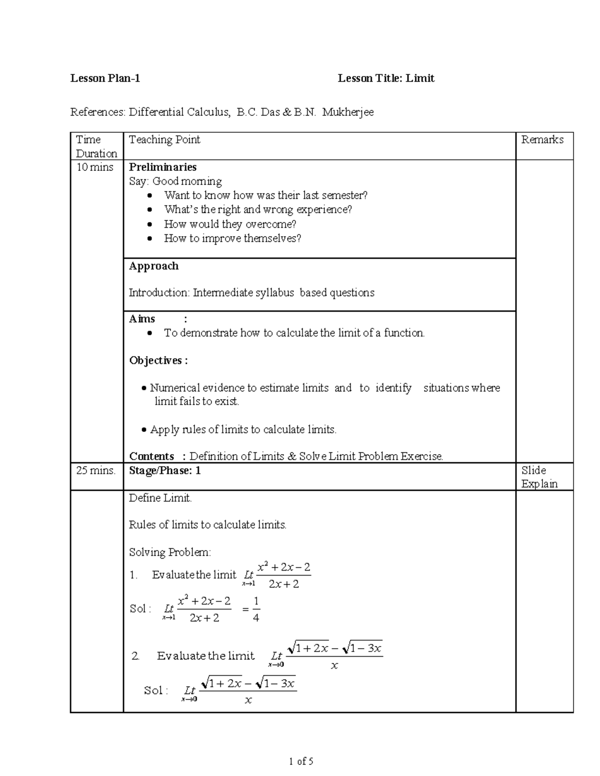 DIfferential Calculus Das & B. Mukherjee Time Duration Teaching Point Remarks 10 mins Studocu