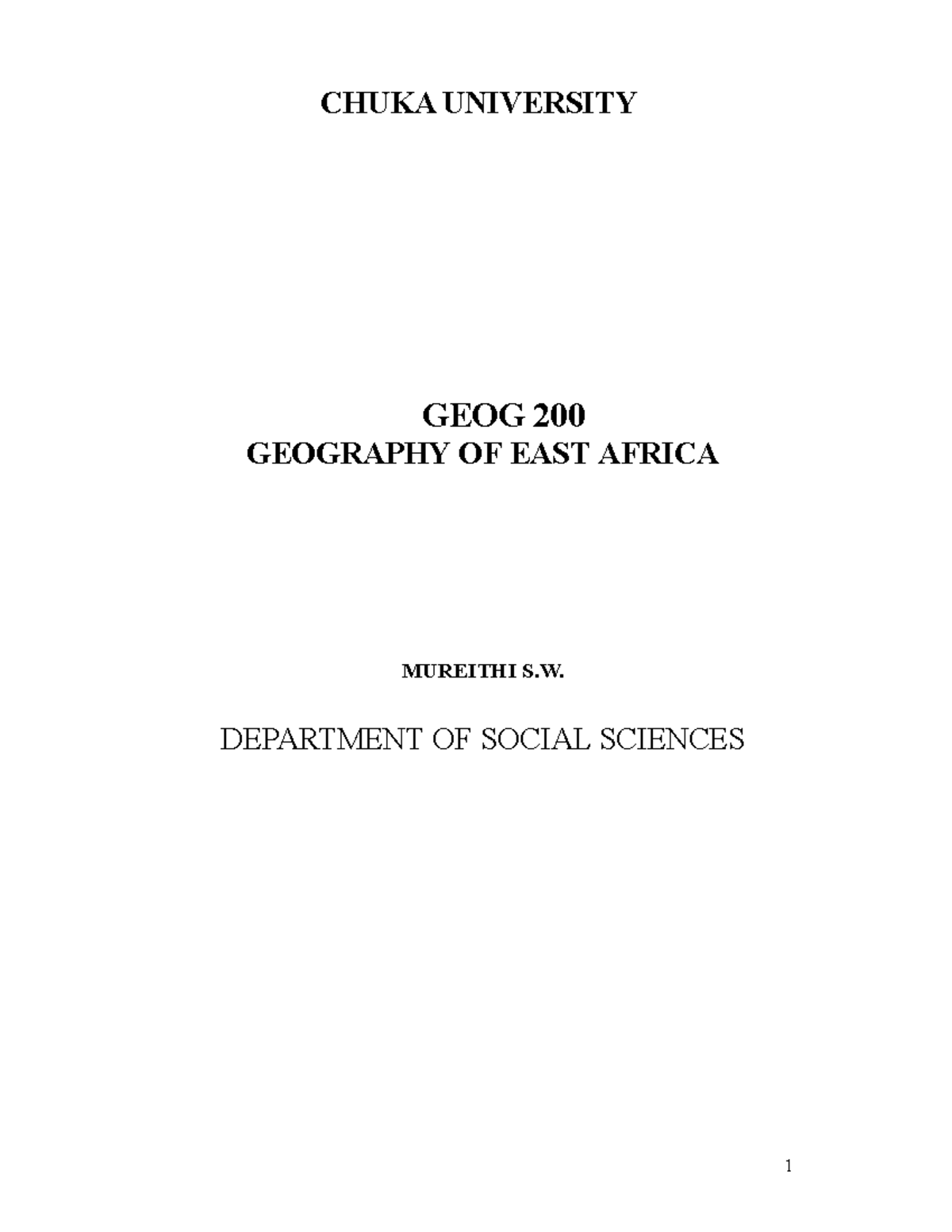 GEO 200 Geography Of East Africa 1 CHUKA UNIVERSITY GEOG 200