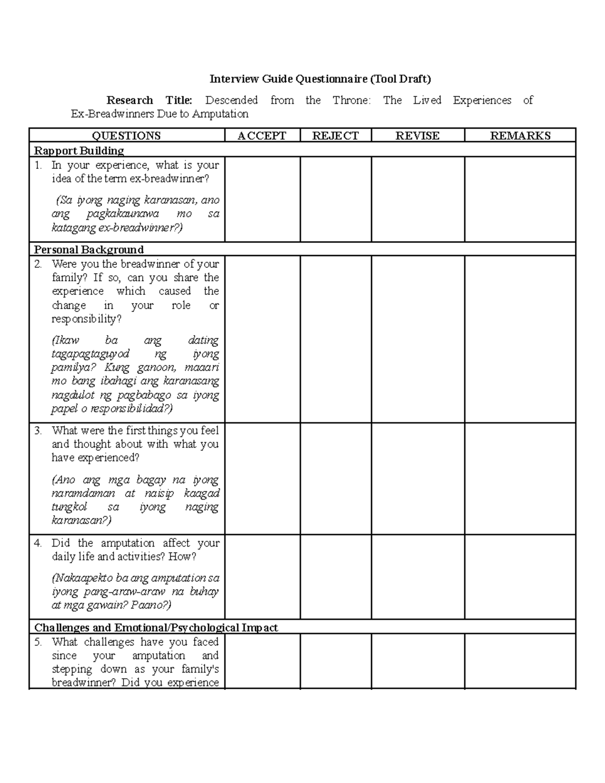 Tool (questionnaire) - Reviewer - Interview Guide Questionnaire (Tool ...