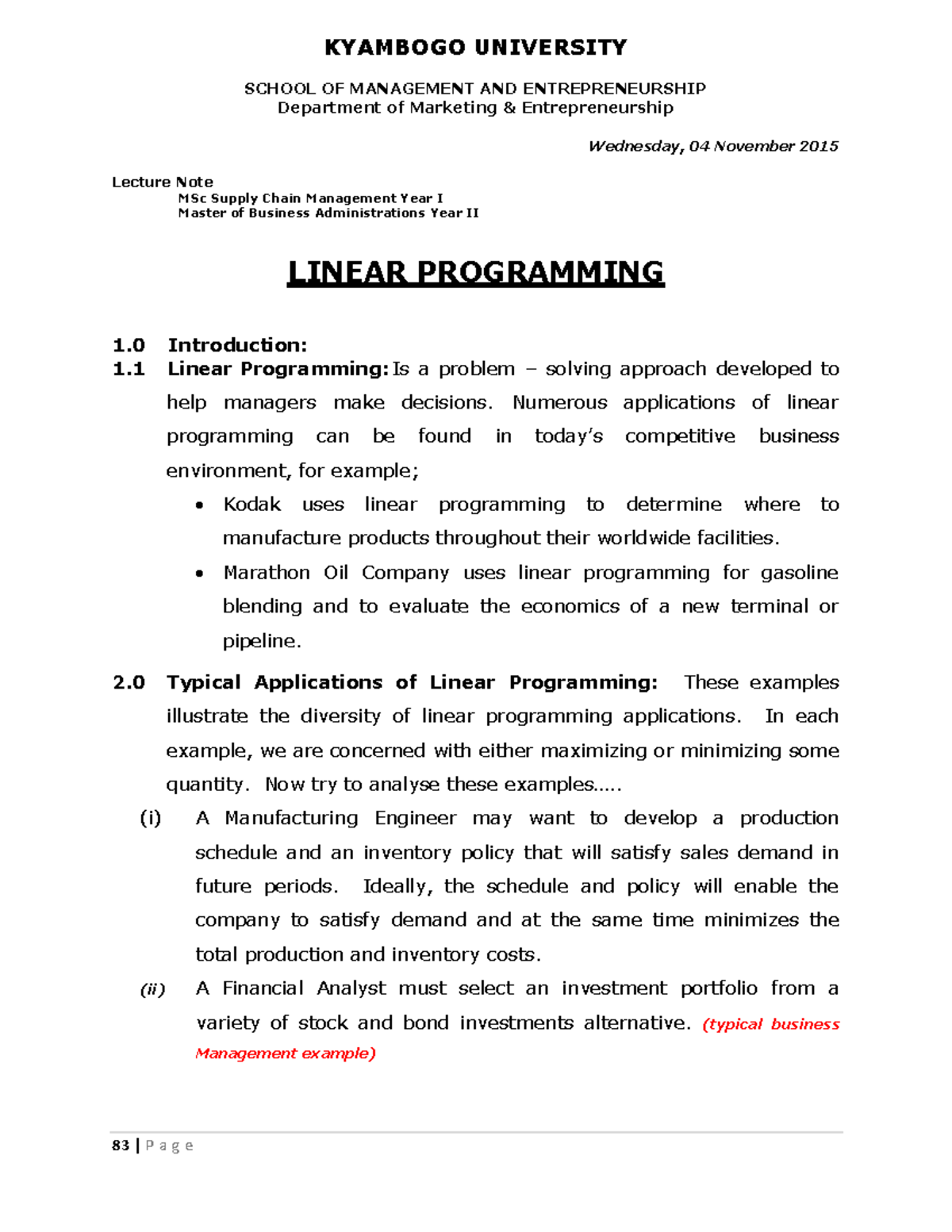 MBA 811 Linear Programming - KYAMBOGO UNIVERSITY SCHOOL OF MANAGEMENT ...