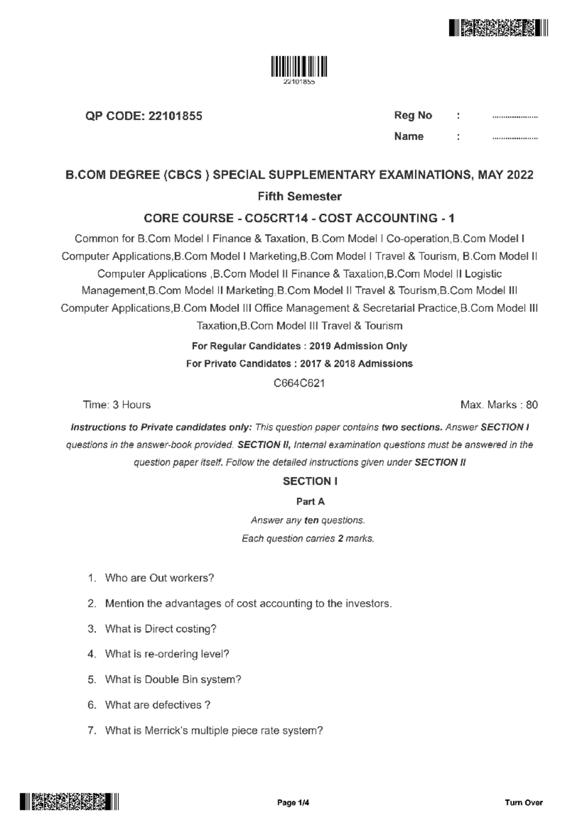 Cost accounting may 2022 - B.com finance and taxition - Studocu