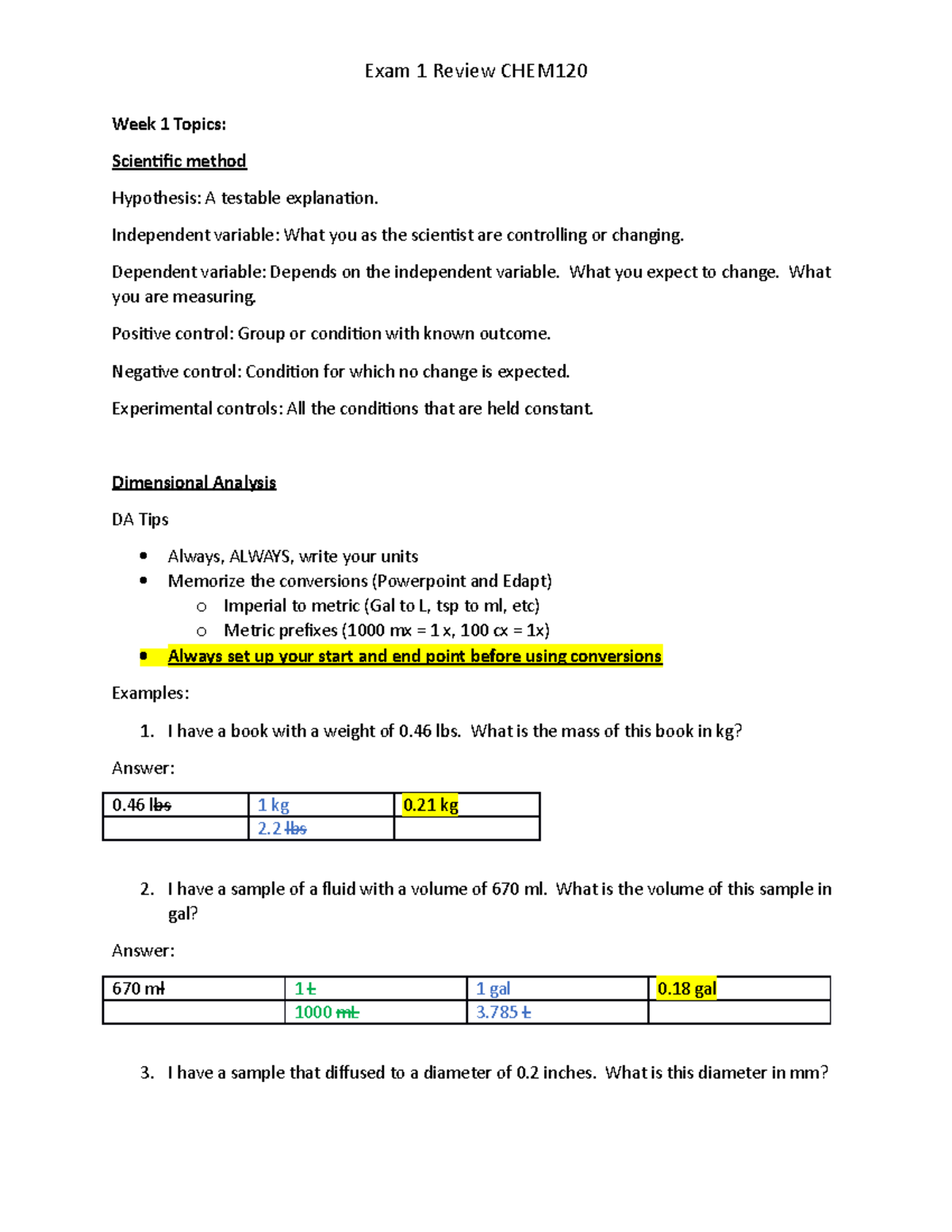 CHEM120 Exam 1 Review Guide - Week 1 Topics: Scientific method ...