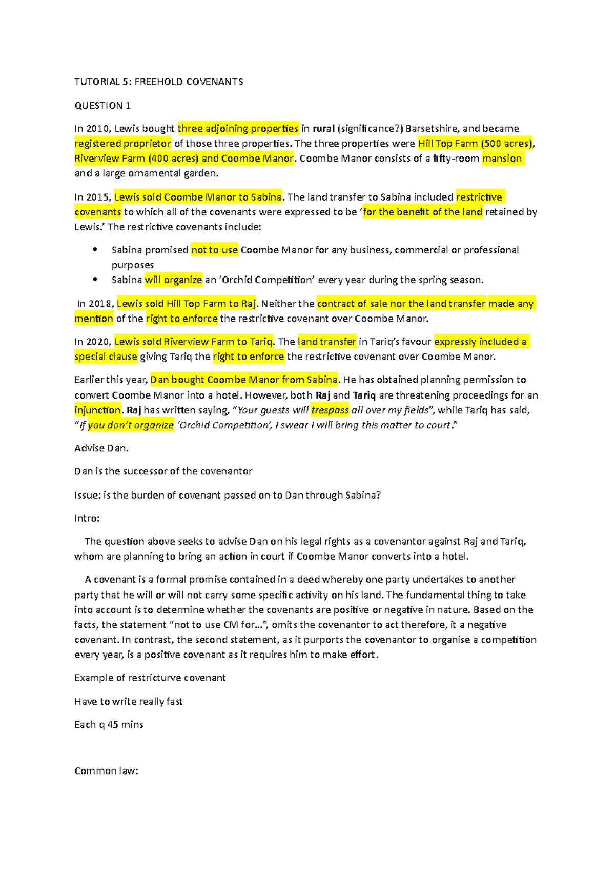 Tutorial 5 Freehold Covenant - TUTORIAL 5: FREEHOLD COVENANTS QUESTION ...