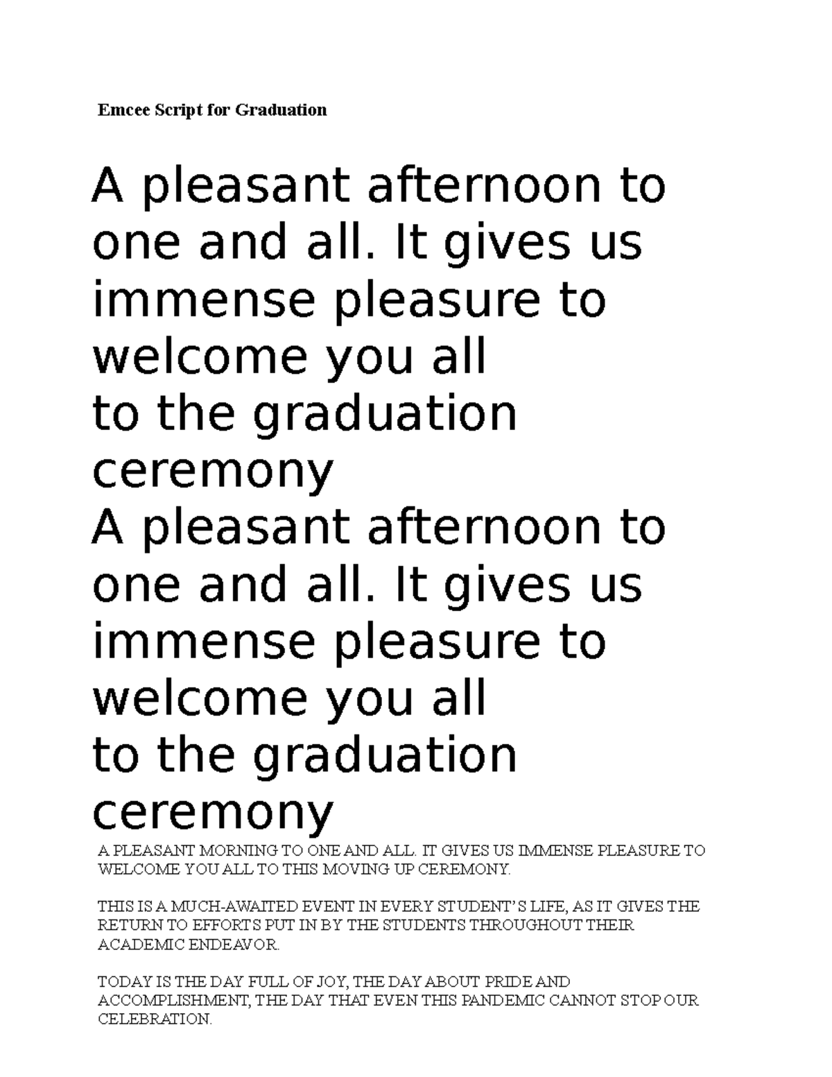 Script - n/a - Emcee Script for Graduation A pleasant afternoon to one ...