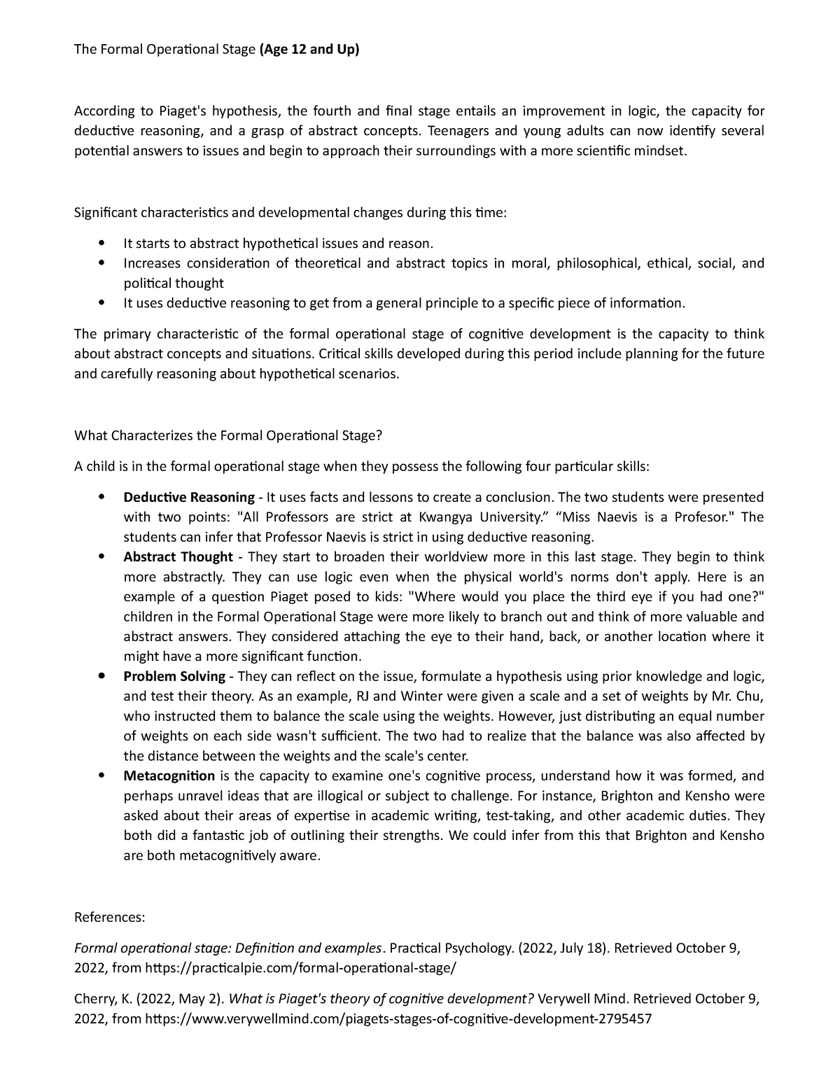 Stage 4 The Formal Operational Stage The Formal Operational Stage Age 12 and Up According to Studocu