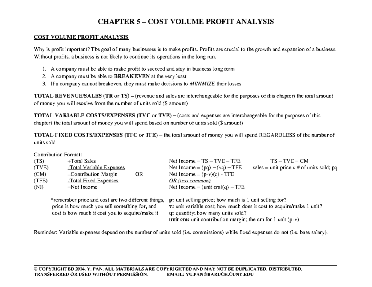 Chapter 5 - Cost Volume Profit Analysis - © COPYRIGHTED 2014. Y. PAN ...