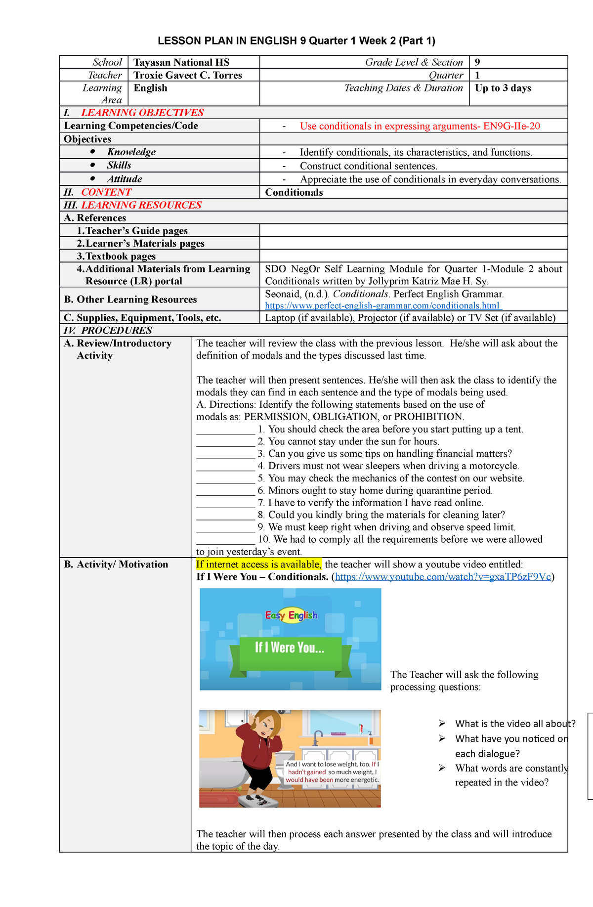 G9-Q1-Week2-Conditionals (Part 1) - LESSON PLAN IN ENGLISH 9 Quarter 1 ...