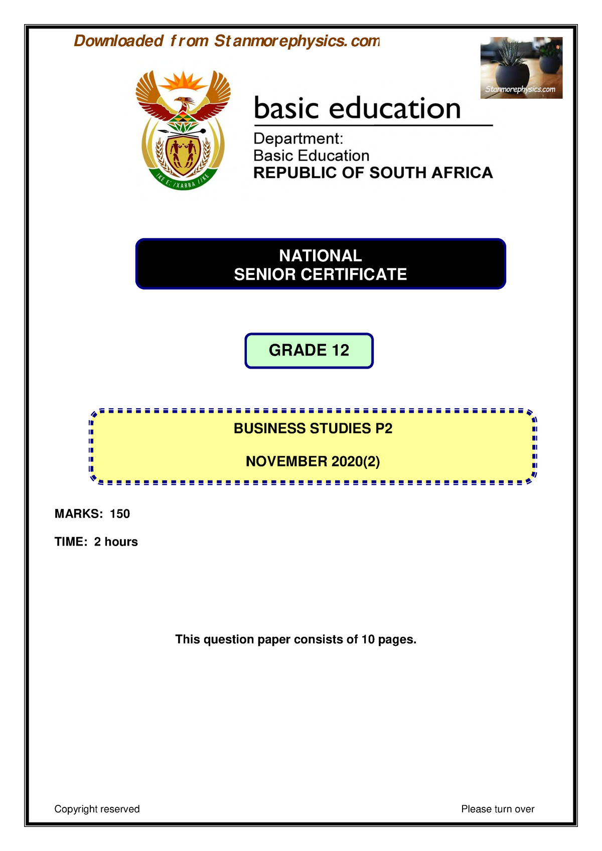 Business Studies Grade 12 NOV 2020 P2 And Memo - MARKS: 150 TIME: 2 ...