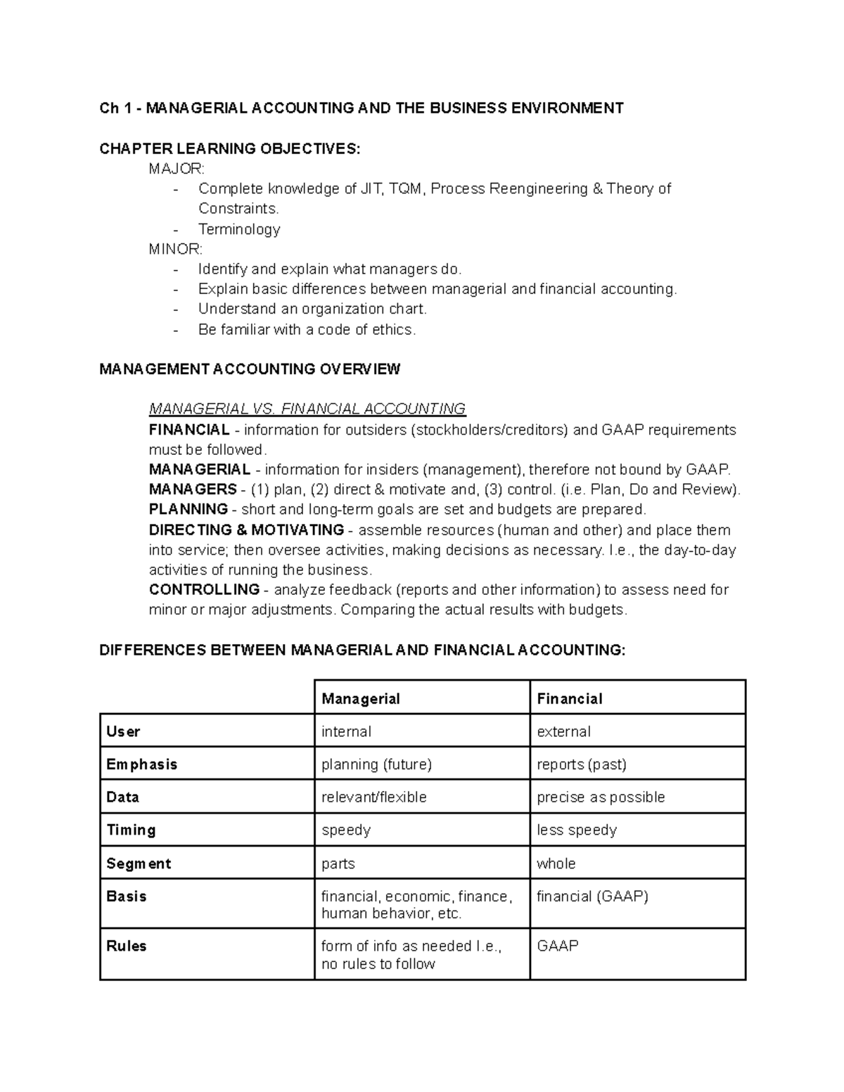 Ch 1 - Managerial Accounting AND THE Business Environment - Ch 1 ...