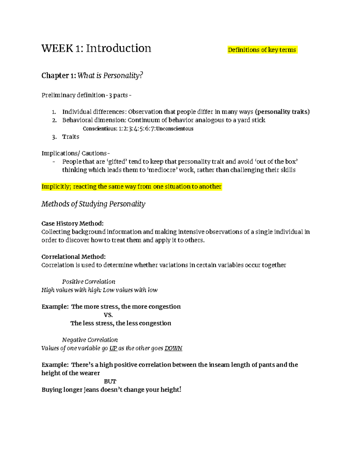 PSYC335 Week 1 Notes - WEEK 1: Introduction Definitions of key terms ...