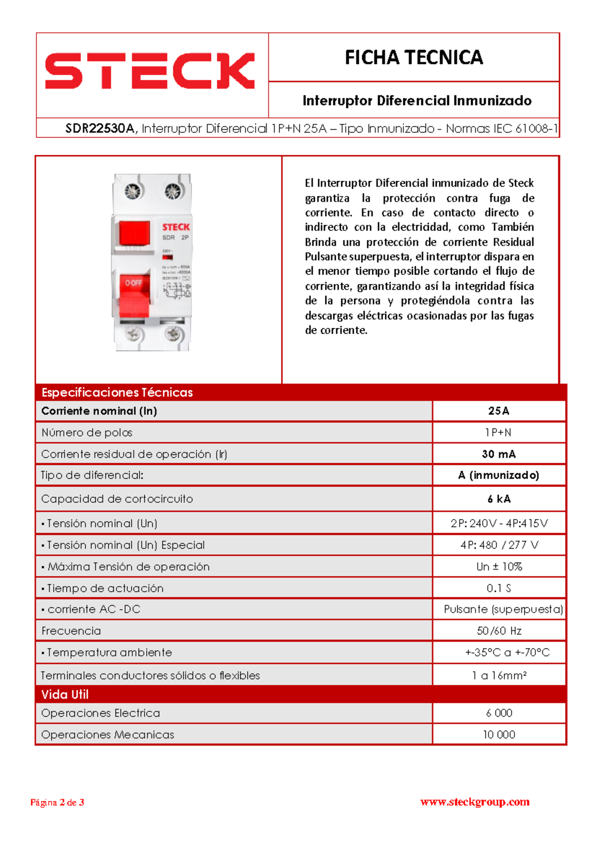 IDR SDR22530 A Tipo A 2P 25A 30m A Página 2 de 3 steckgroup FICHA