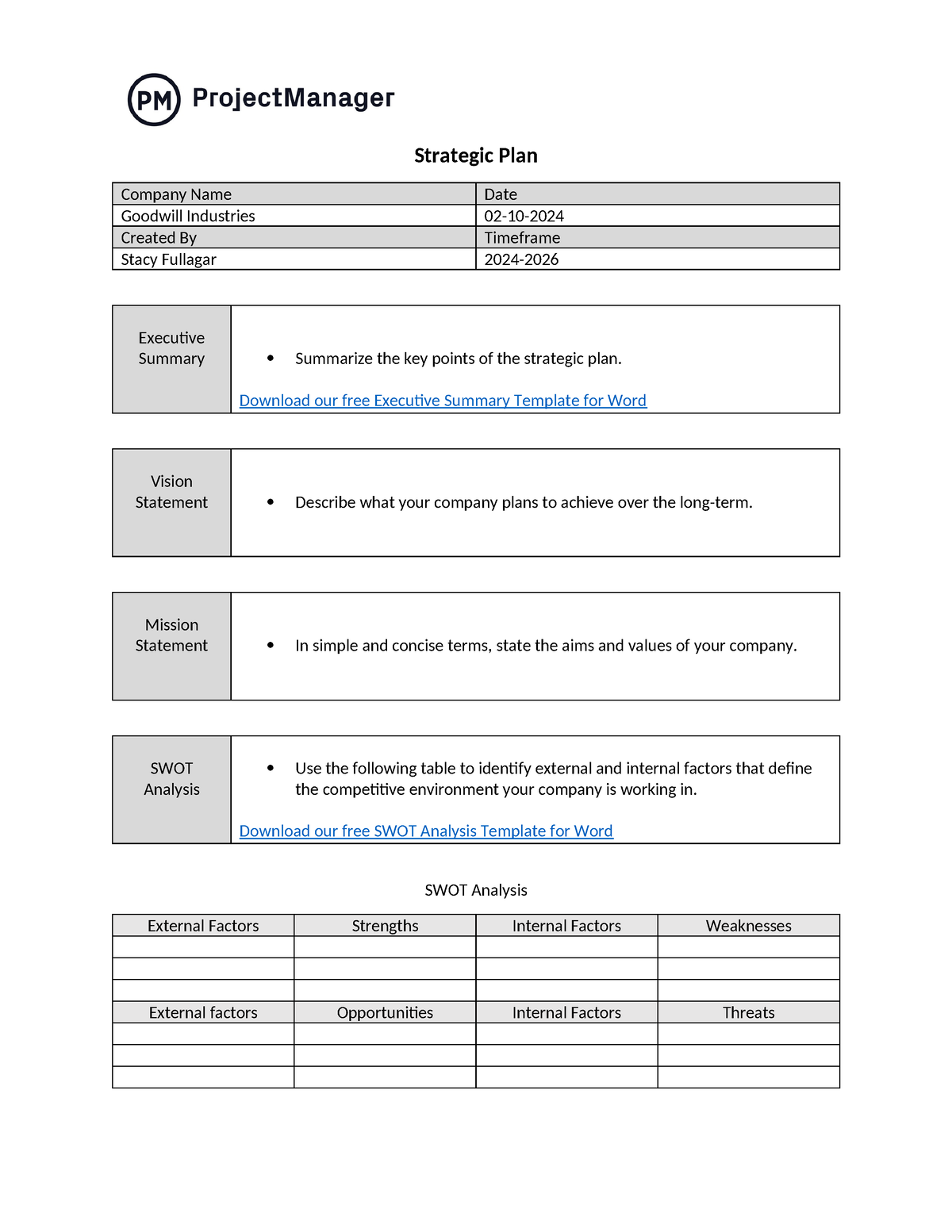 Strategic Plan Template for Word Project Manager WLNK - Strategic Plan ...