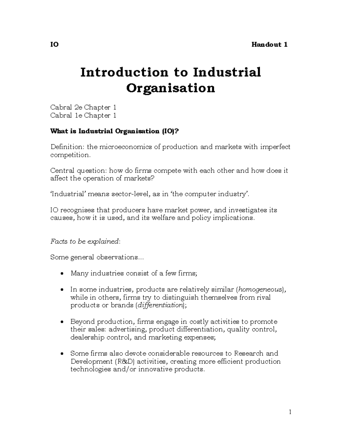 Intro notes - IO Handout 1 Introduction to Industrial Organisation ...