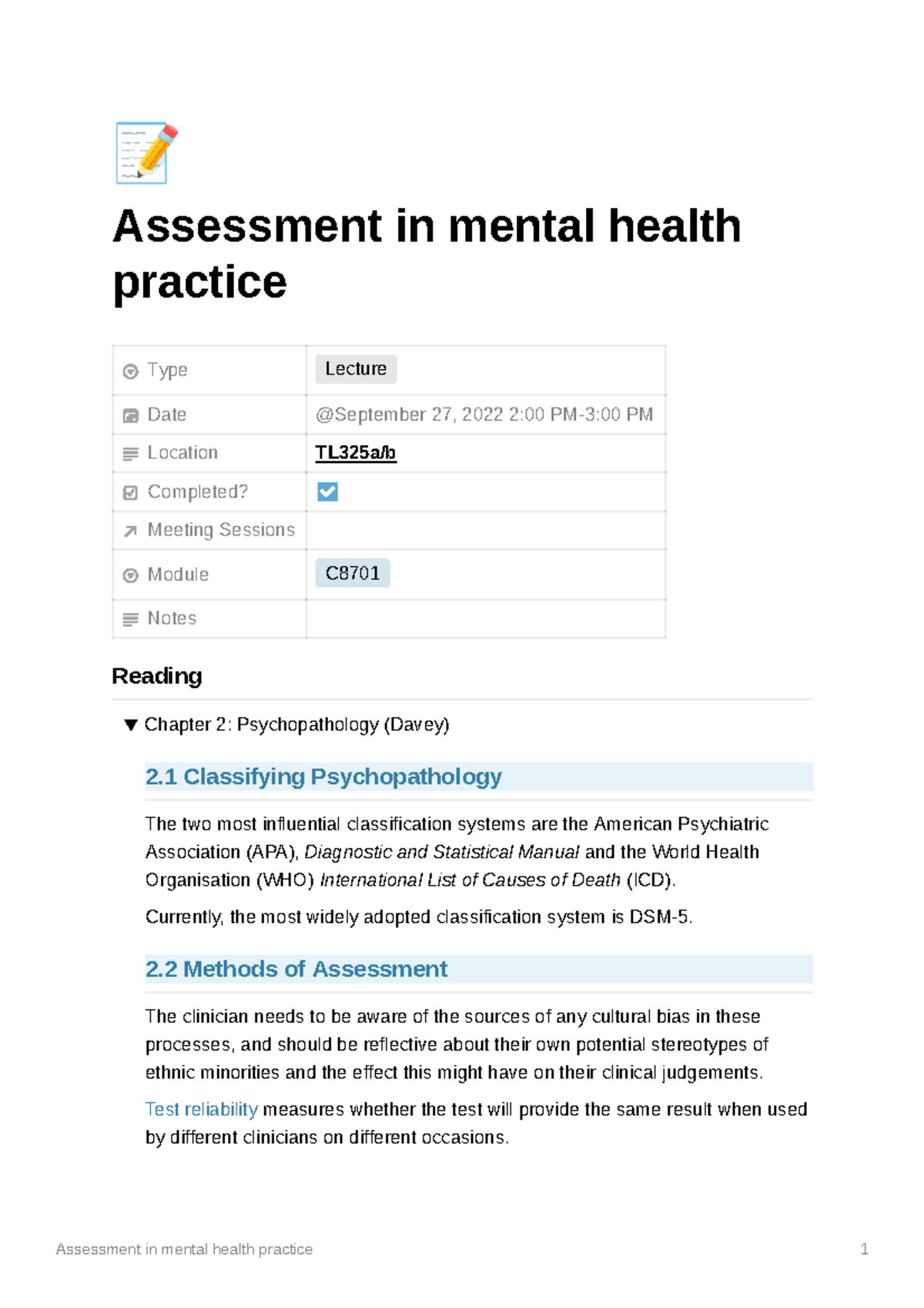 mental health post assessment assignment