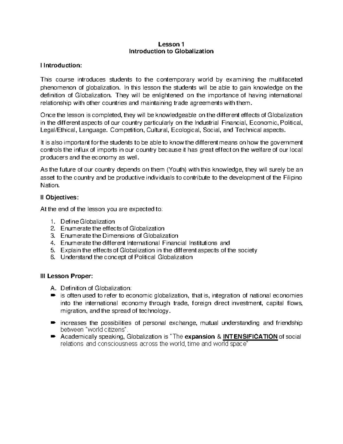 Lesson 1 Introduction to Globalization - In this lesson the students ...