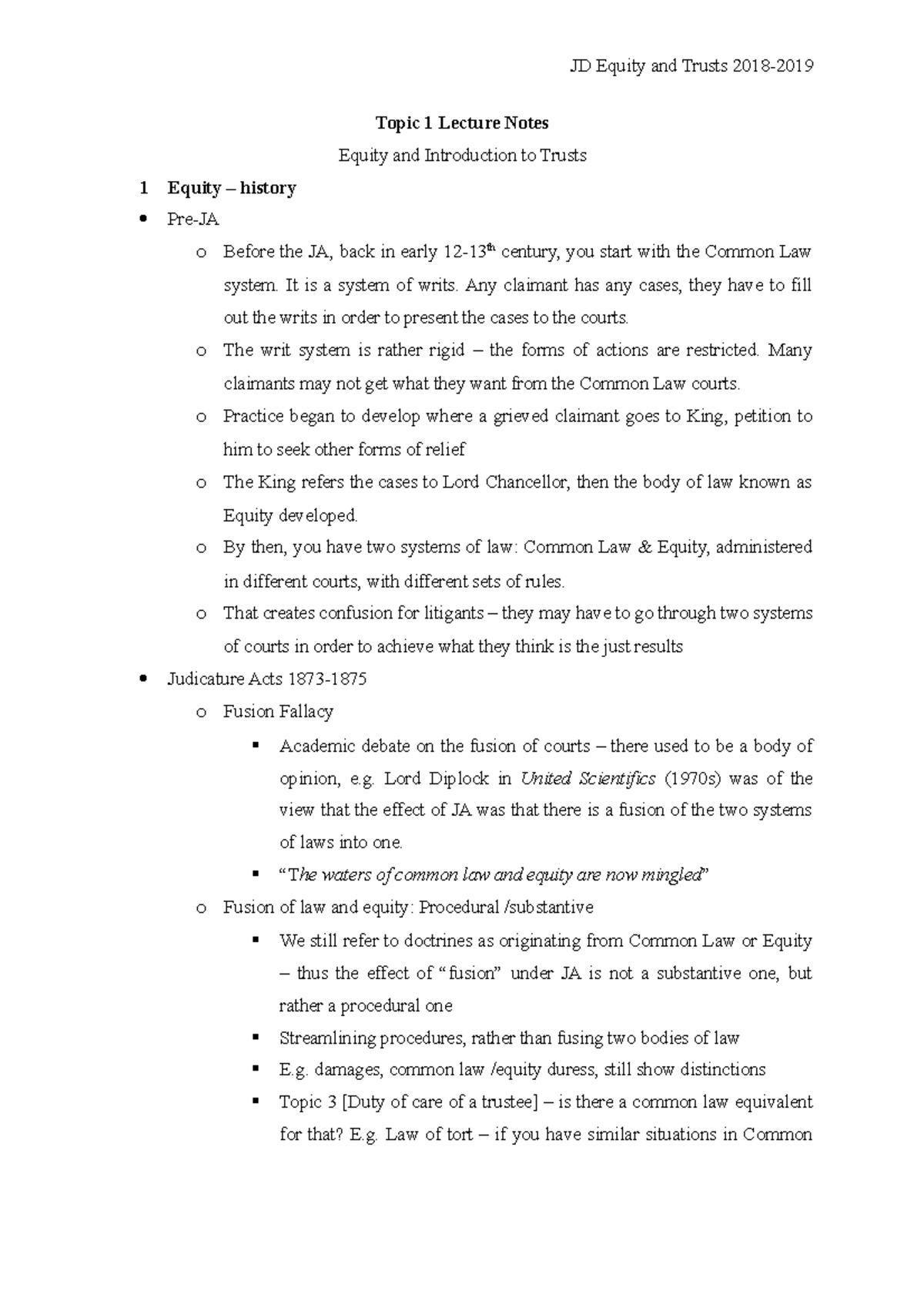 Topic 1 Lecture notes - JD Equity and Trusts 2018-2019 Topic 1 Lecture ...