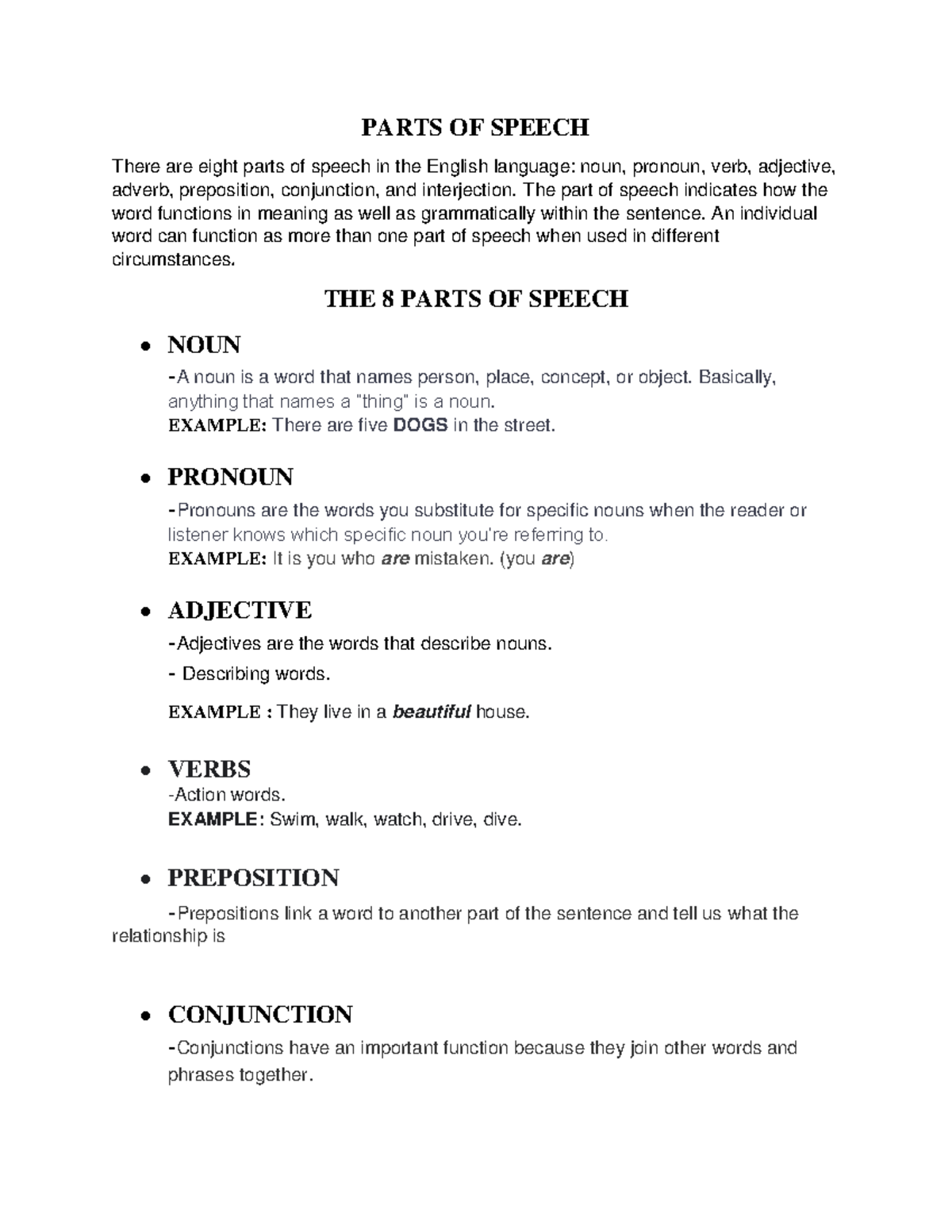 English Proficiency - PARTS OF SPEECH There are eight parts of speech ...