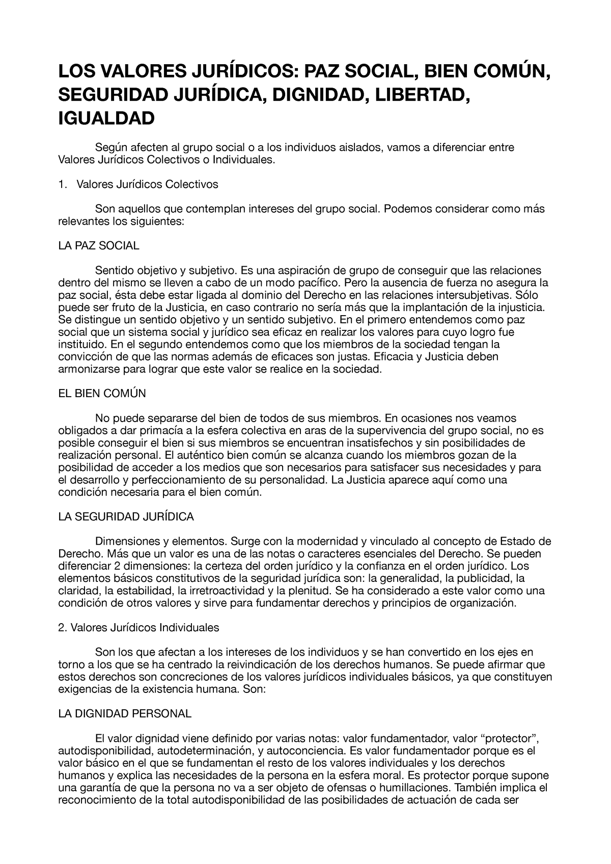 Tema 10 Apuntes 10 Los Valores JurÍdicos Paz Social Bien ComÚn Seguridad JurÍdica 2177