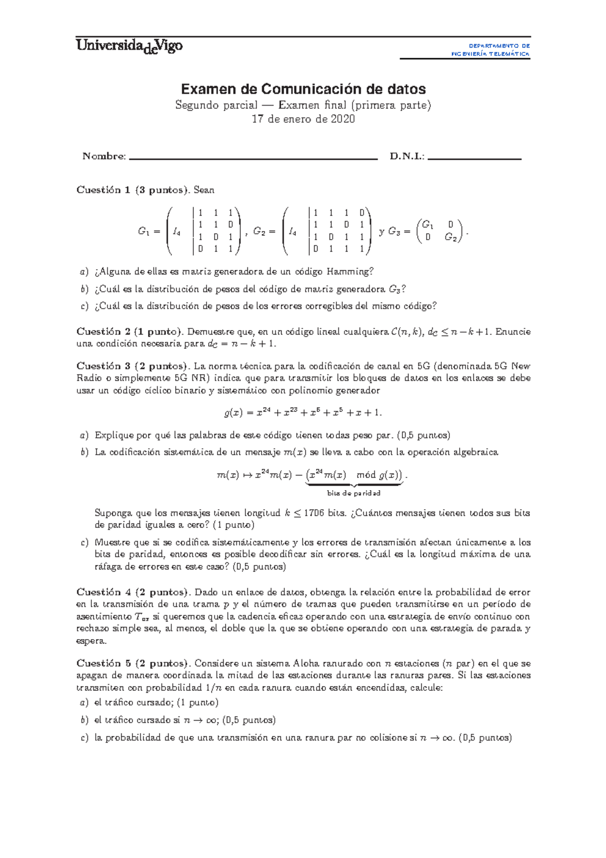 Segundo Examen Parcial Departamento De Ingenier a Telem atica 