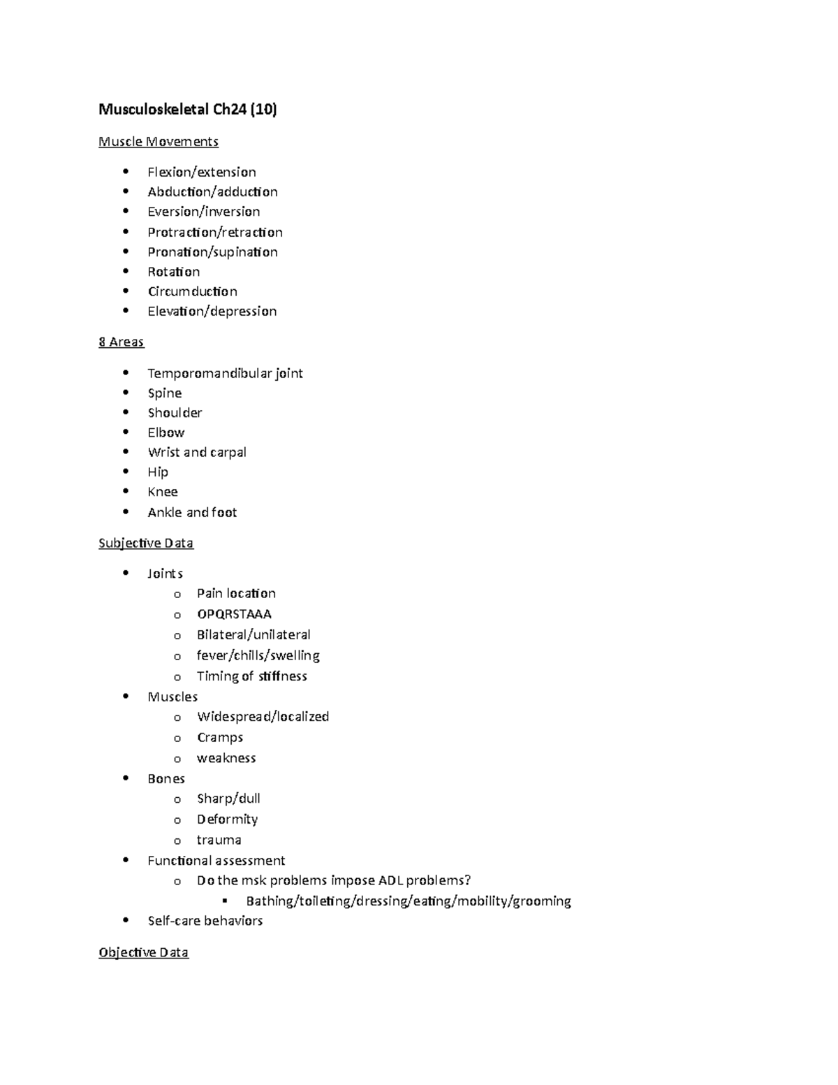 Health Assess Test Review 2019 - Musculoskeletal Ch24 (10) Muscle 