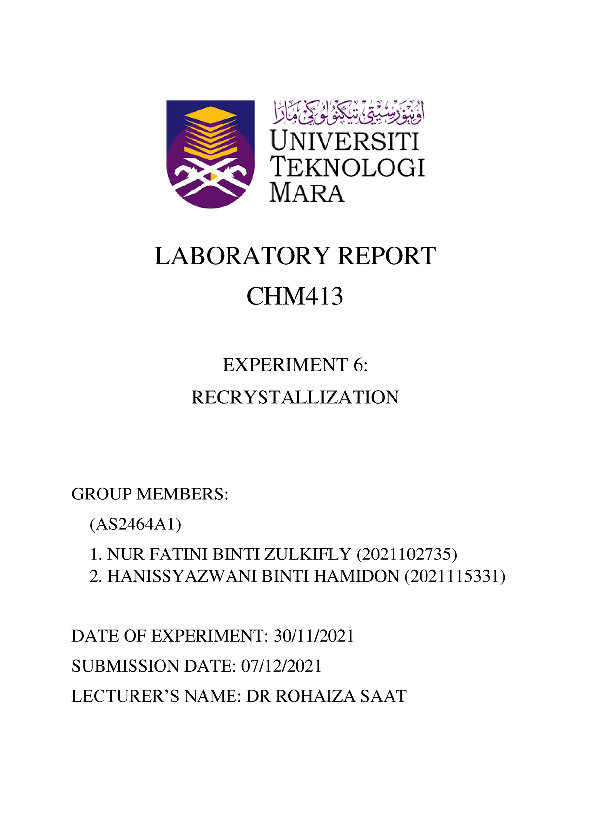 lab report chm361 experiment 2