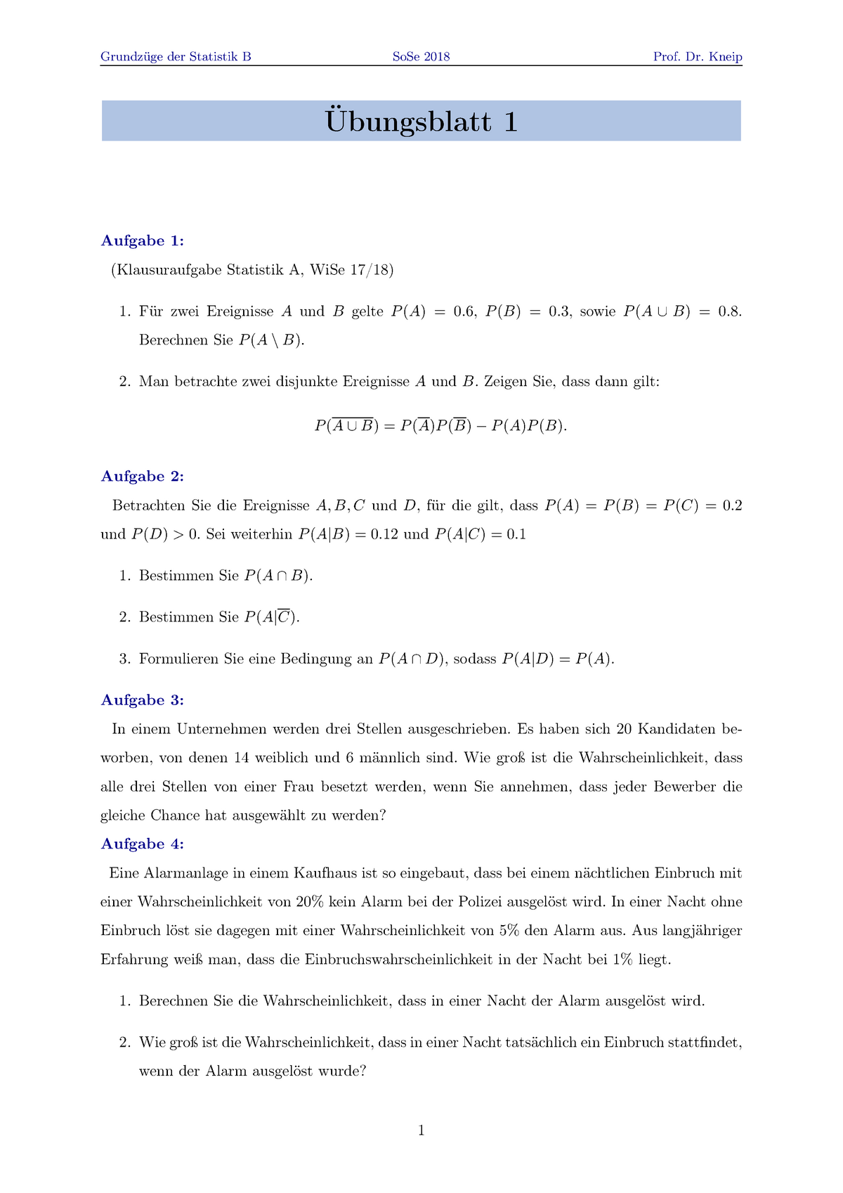 Stat B So Se18 Blatt 01 - Grundzüge Der Statistik B SoSe 2018 Prof. Dr ...