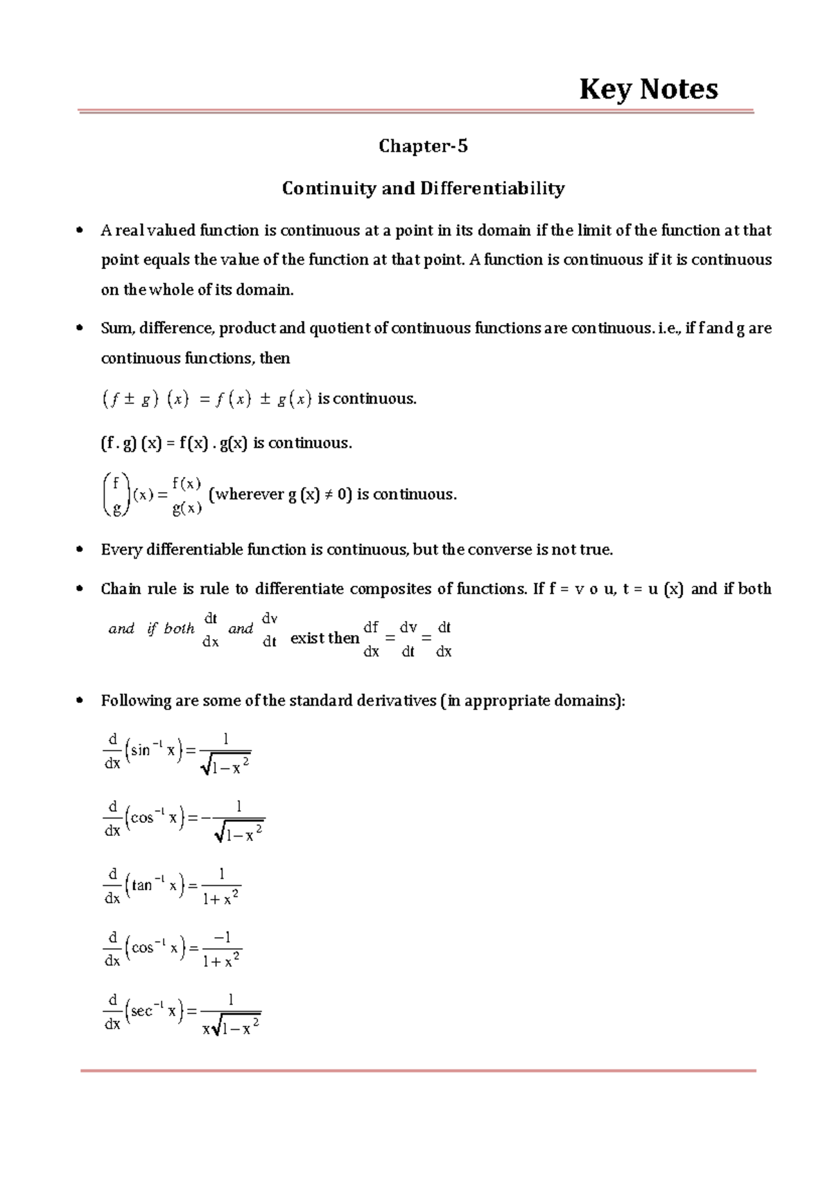 12 maths key notes ch 05 continuity and differentiability - Key Notes ...