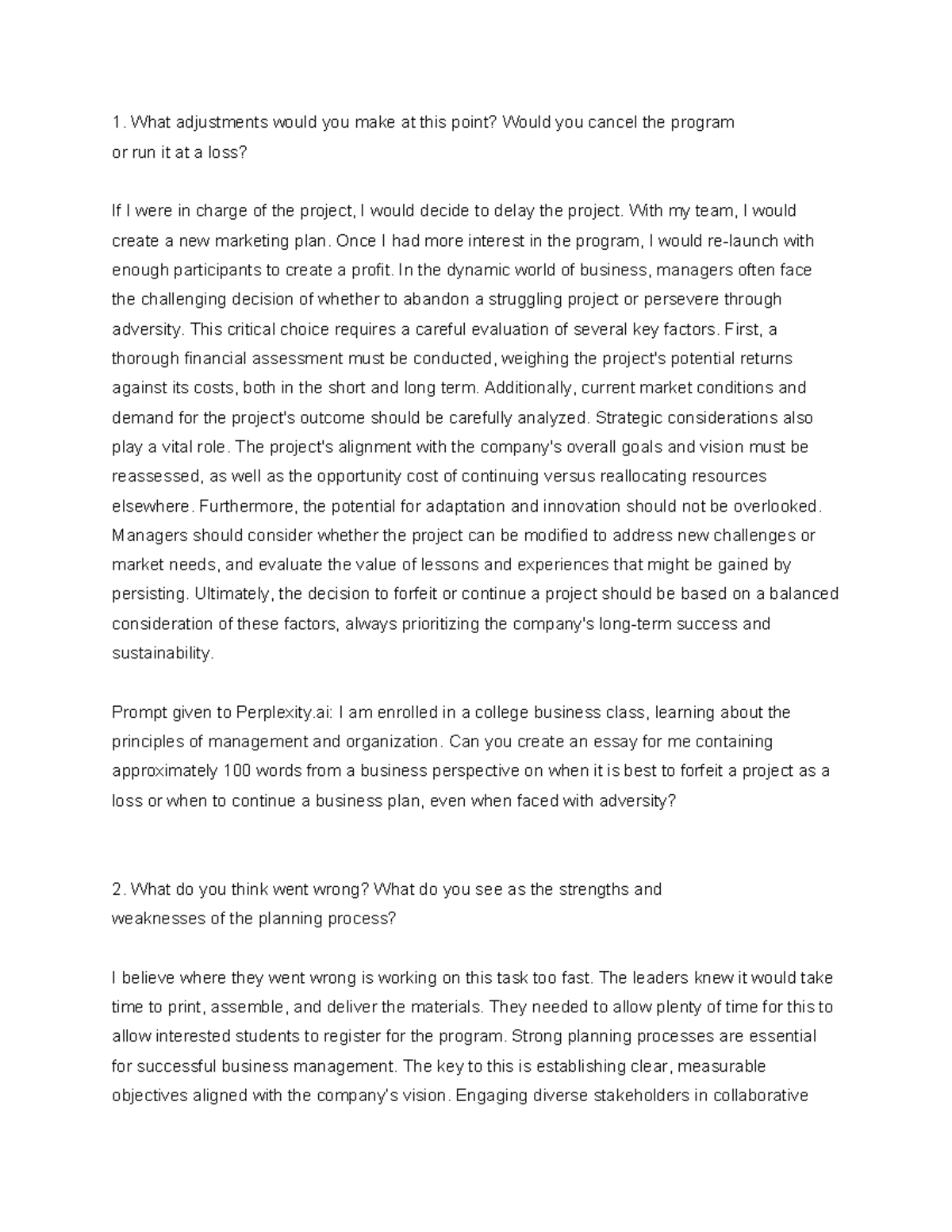 MAN3025 Chapter 5 Case Study - What adjustments would you make at this ...