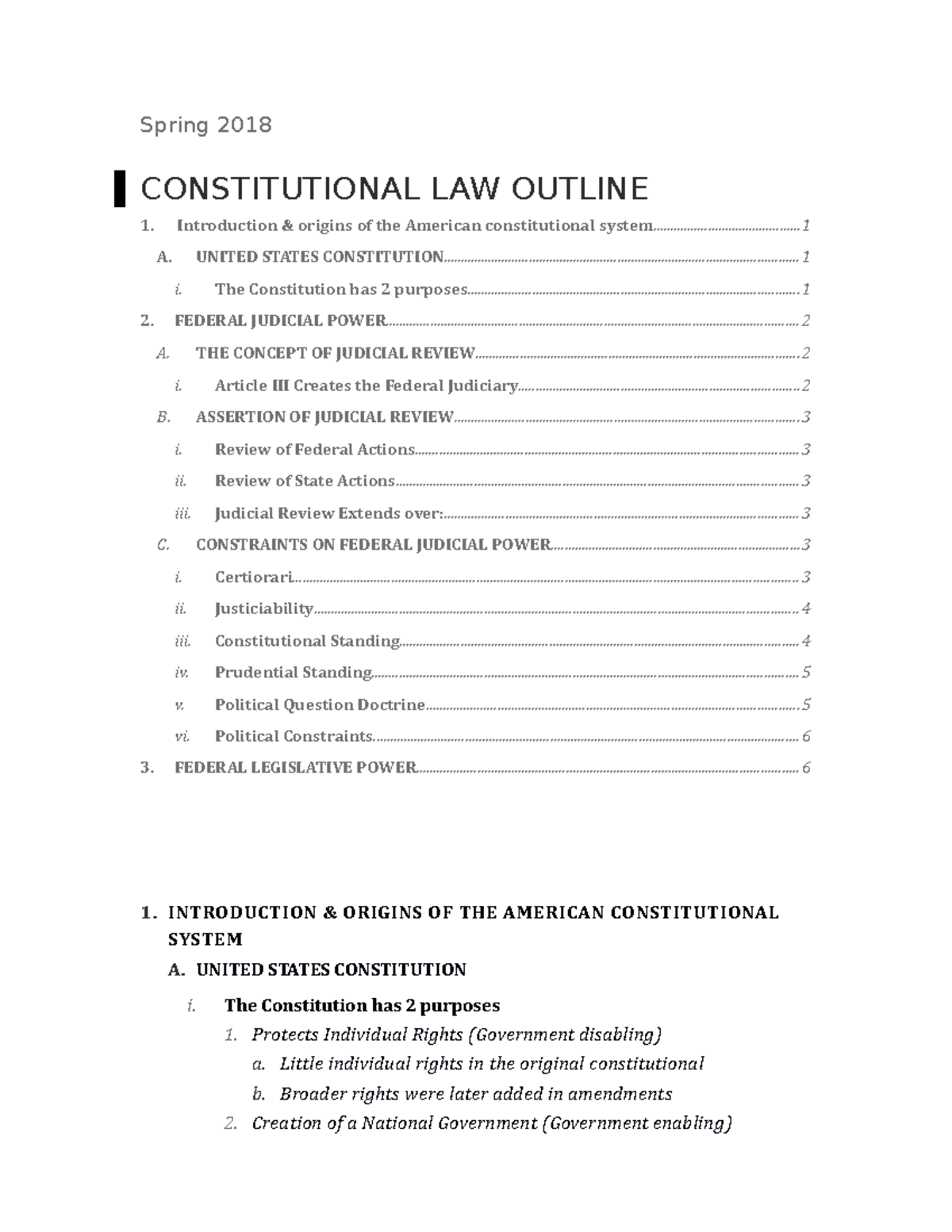 KK Conlaw Outline - Spring 2018 CONSTITUTIONAL LAW OUTLINE 1 ...