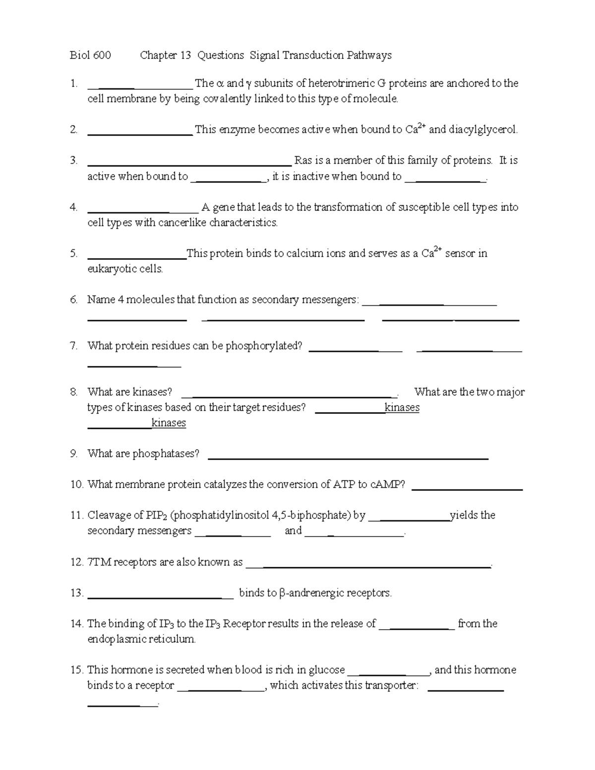 Ch13 review questions signal transduction - Biol 600 Chapter 13 ...