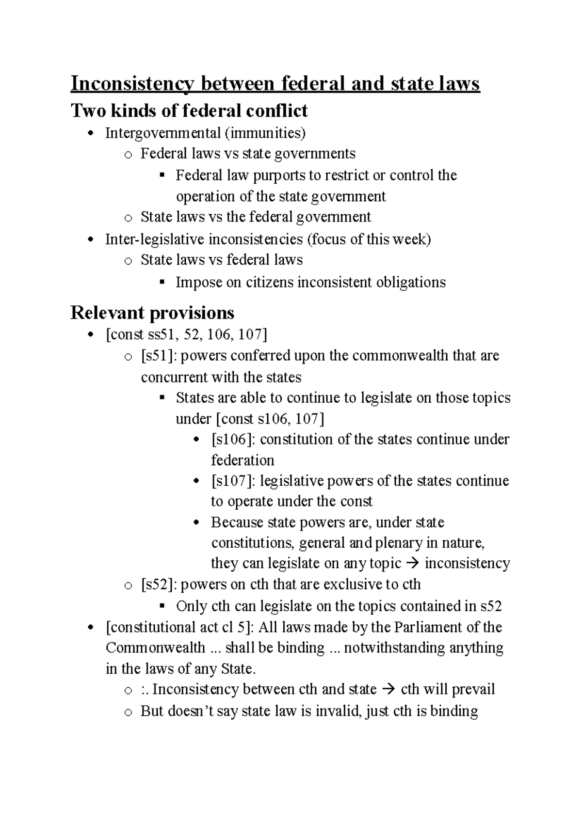 Week 7 Notes LAWS3700 - Inconsistency between federal and state laws ...