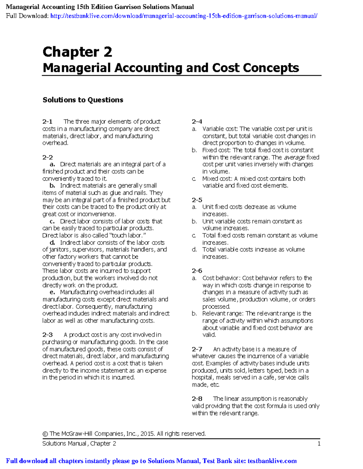 Chapter 2 Cost Behavior © The Mcgraw Hill Companies Inc 2015 All