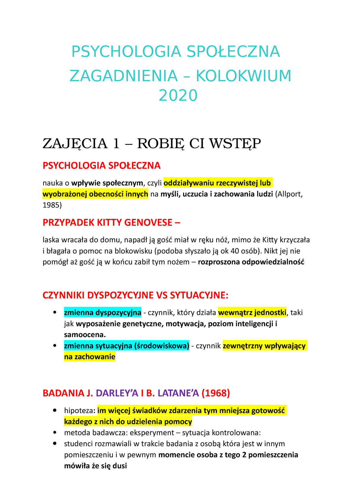 PSYCHOLOGIA SPOŁECZNA NOTATKI Z ĆWICZEŃ przygotowanie do kolokwium