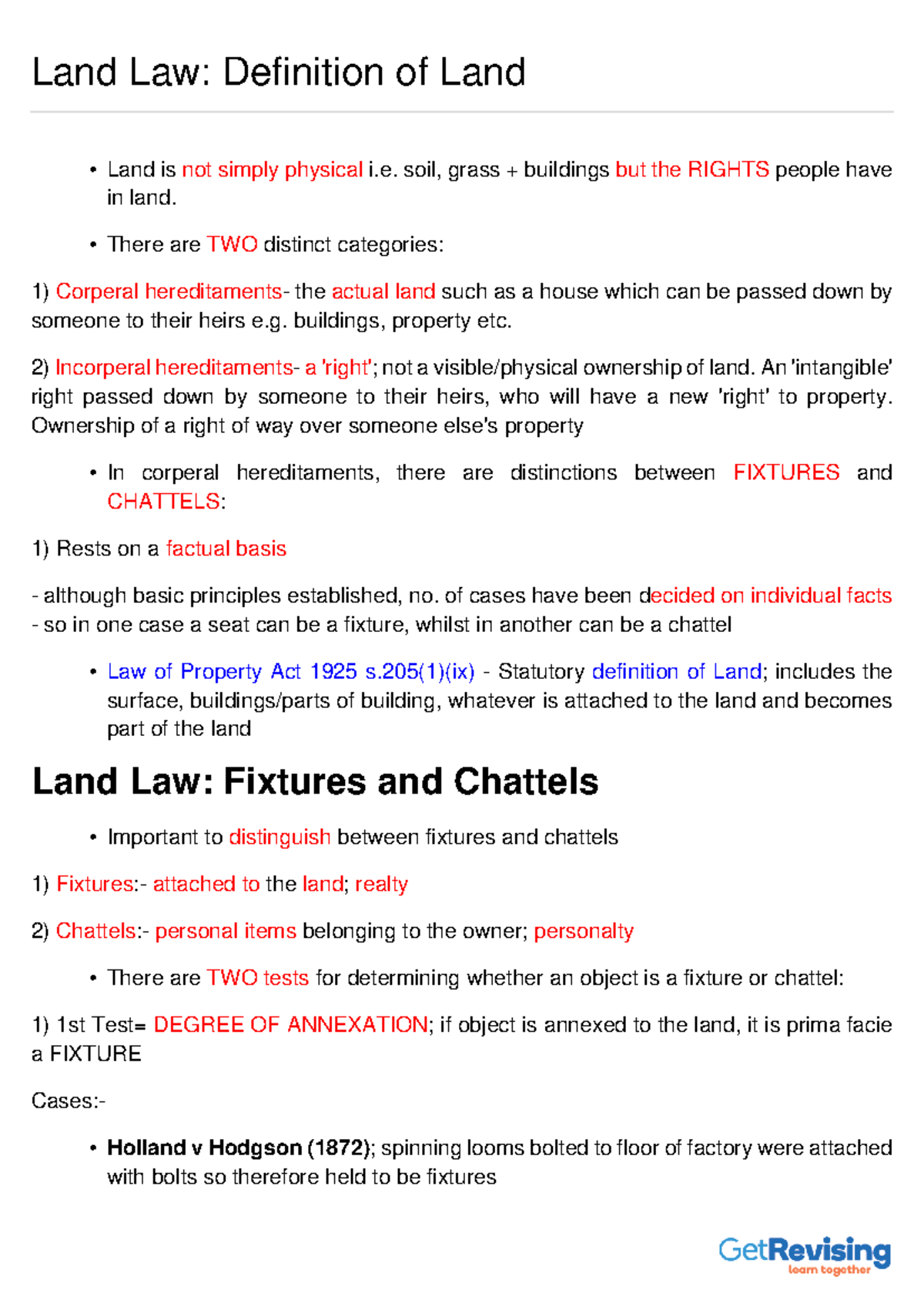 Land Law Definition of Land - soil, grass + buildings but the RIGHTS ...