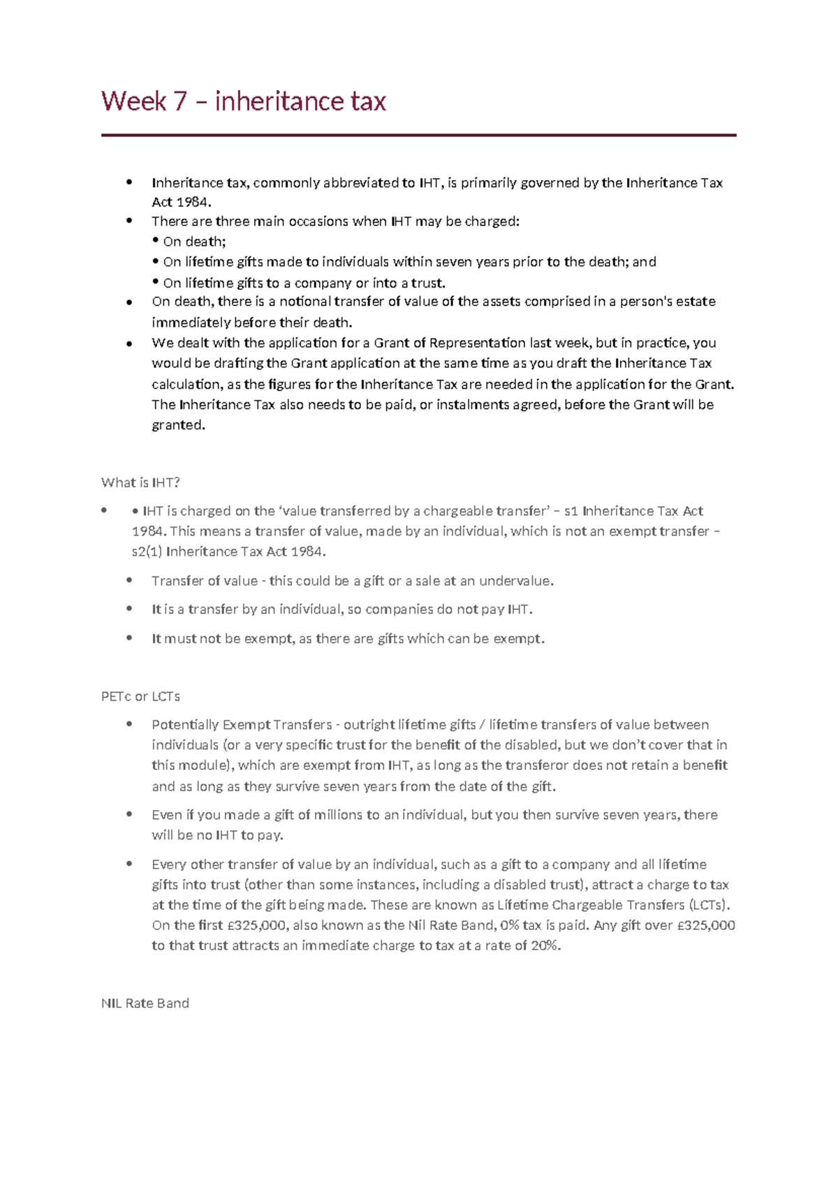 Week 7 - inheritance tax - Week 7 – inheritance tax Inheritance tax ...