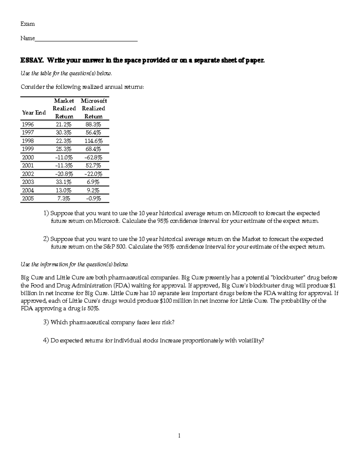 Risk And Returns Practice Questions - BUS-2819 - U Of W - Studocu