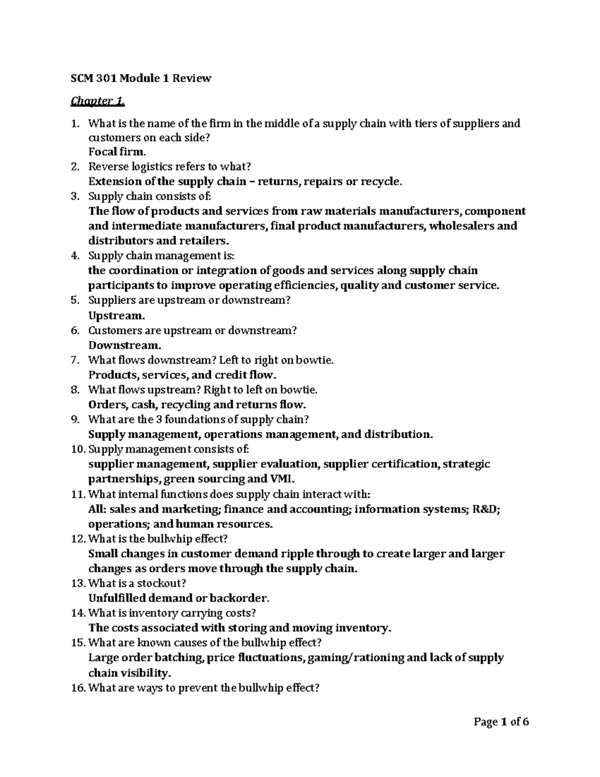 Module 1 Review Questions Key - SCM 301 Module 1 Review Chapter 1. What ...