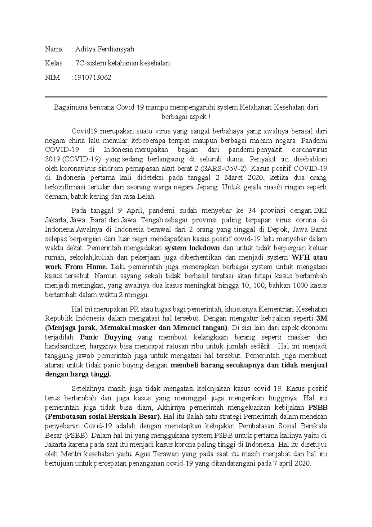 Pengaruh Covid 19 Terhadap Sistem Ketahanan Kesehatan - Nama : Aditya ...