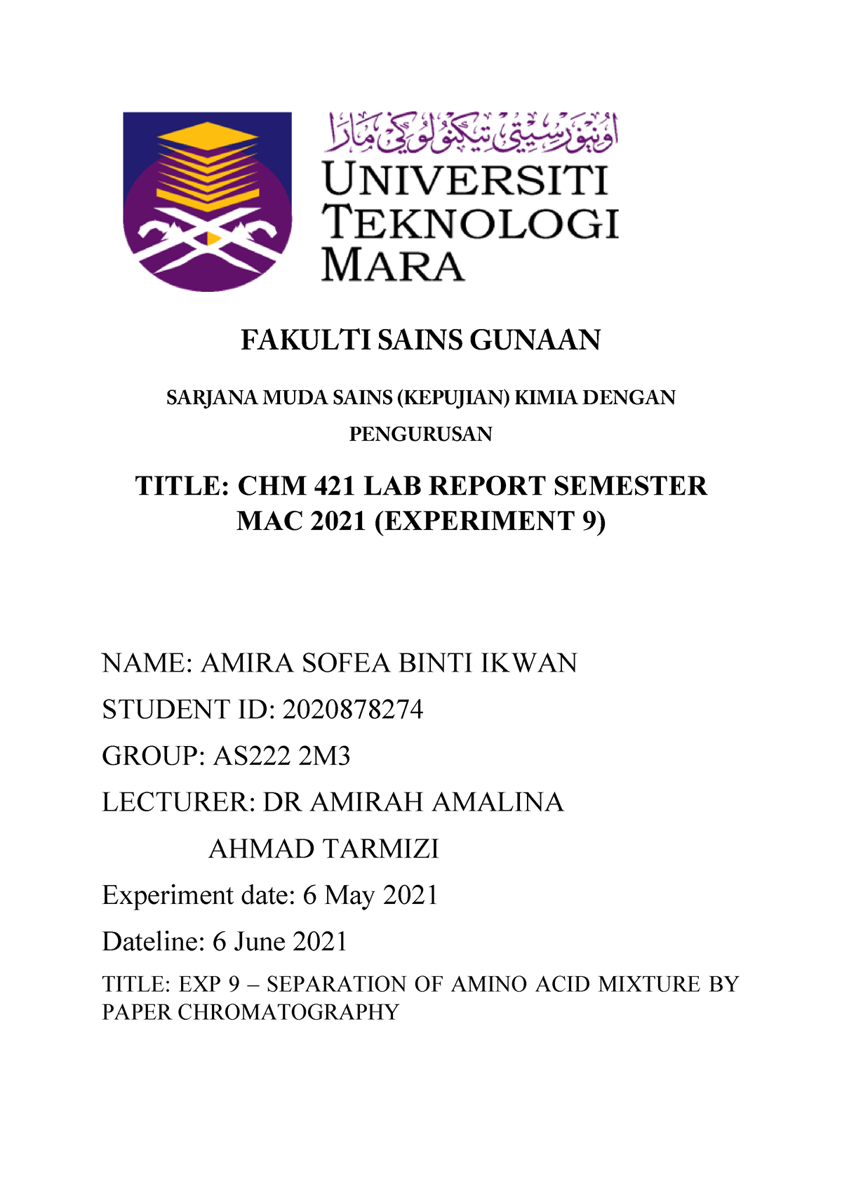 REPORT EXP 9 chromathography - FAKULTI SAINS GUNAAN SARJANA MUDA SAINS ...